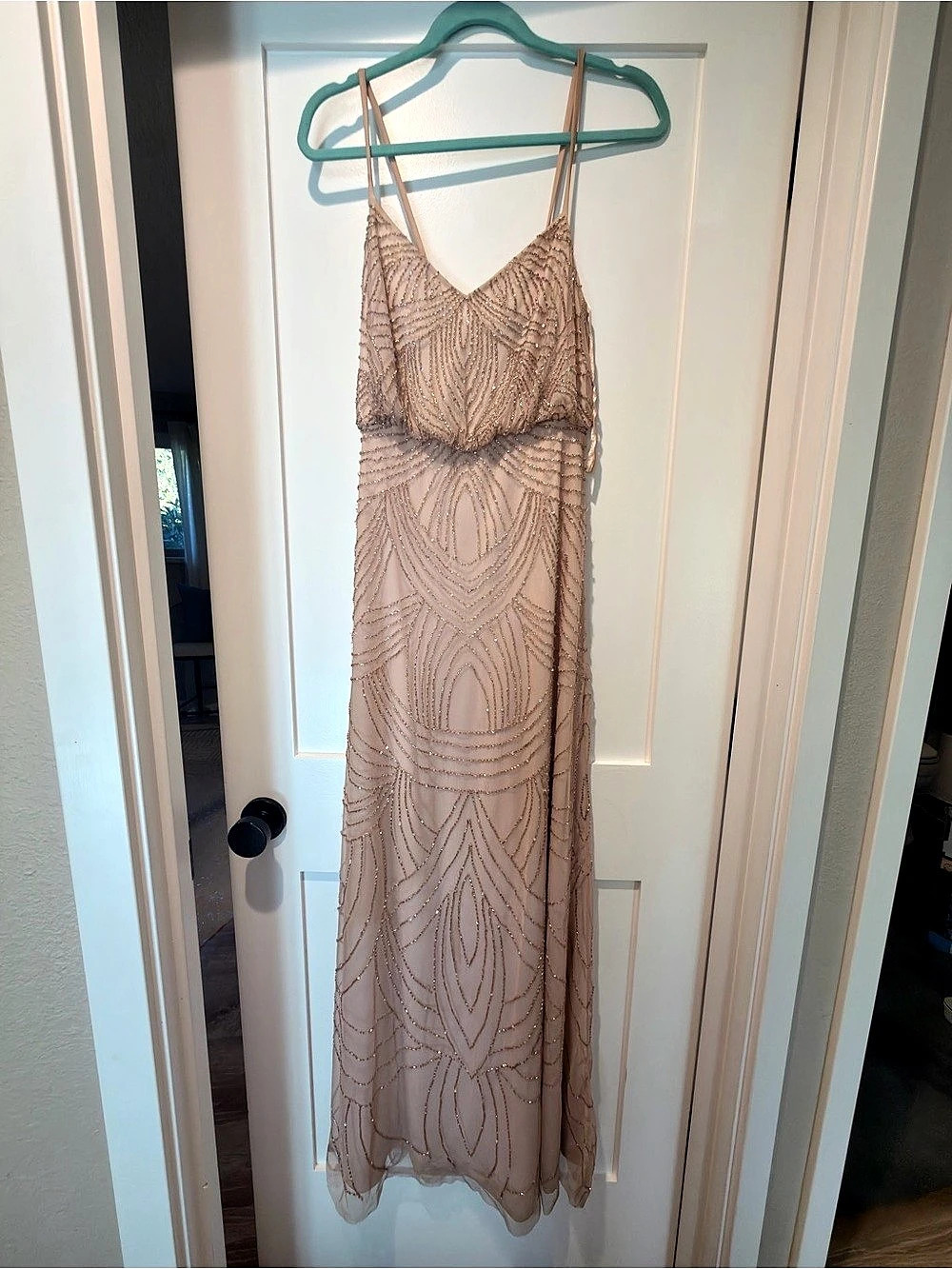 Adrianna Papell Art Deco Beaded Blouson Gown Pink Maxi Dress